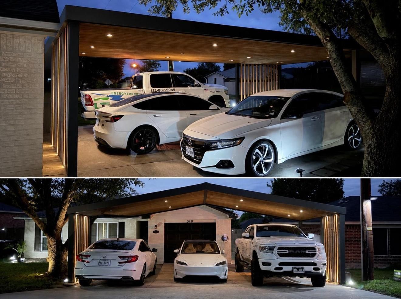 Three cars parked under a wooden carport at dusk, including two white sedans and a white SUV.