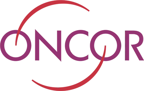 Oncor logo in purple with a red swoosh arching above and below the word