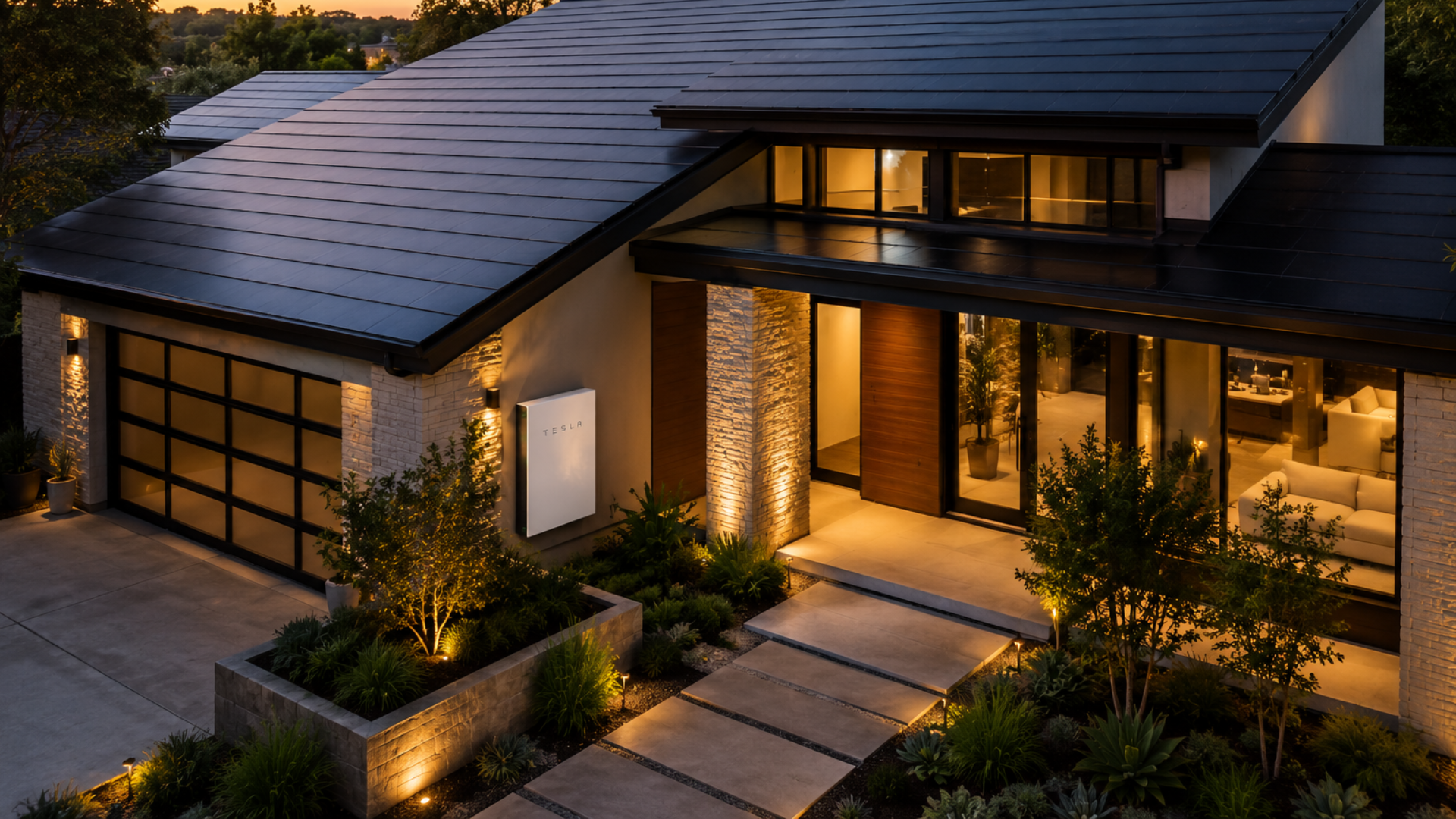 Modern house exterior at dusk with warm interior lights, stone accents, and a sleek driveway.