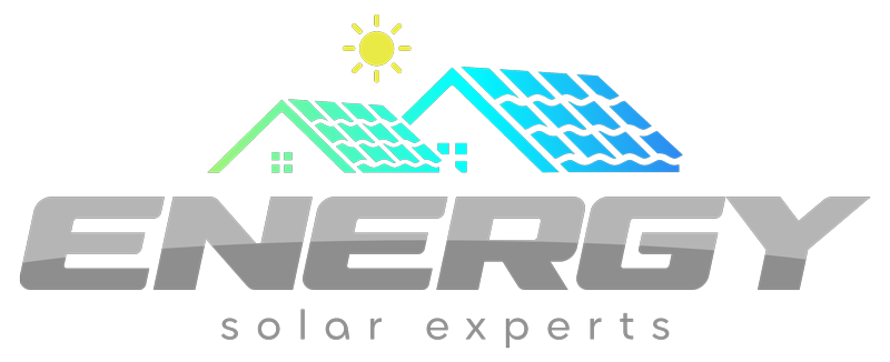 Energy solar experts logo with gray text, blue rooftop solar panels, and a small sun icon