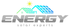 Energy solar experts logo with gray text, blue rooftop solar panels, and a small sun icon