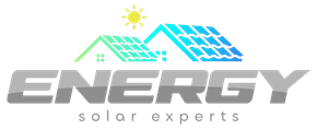 Energy solar experts logo with gray text, blue rooftop solar panels, and a small sun icon