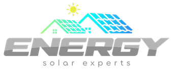 Energy solar experts logo with gray text, blue rooftop solar panels, and a small sun icon