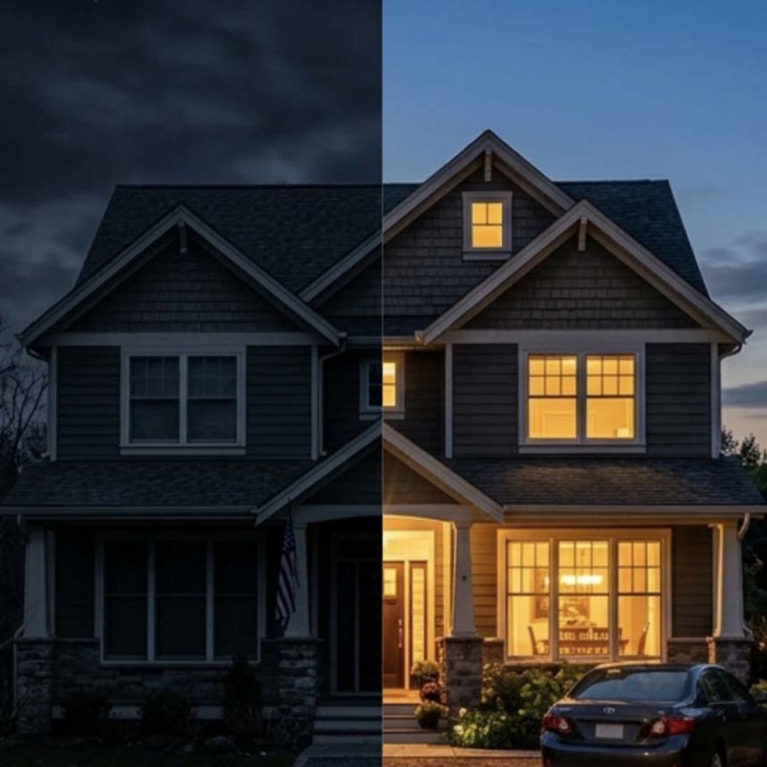 Split-screen house exterior: dark, unlit home on left and warmly lit house at dusk on right.