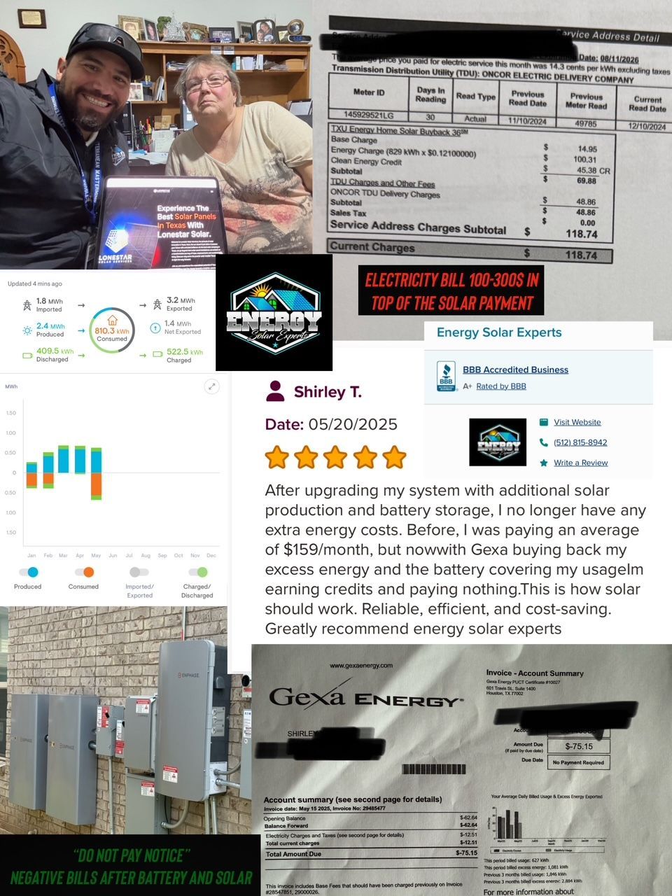 Collage of photos and documents, including people, certificates, charts, and invoices on a black background