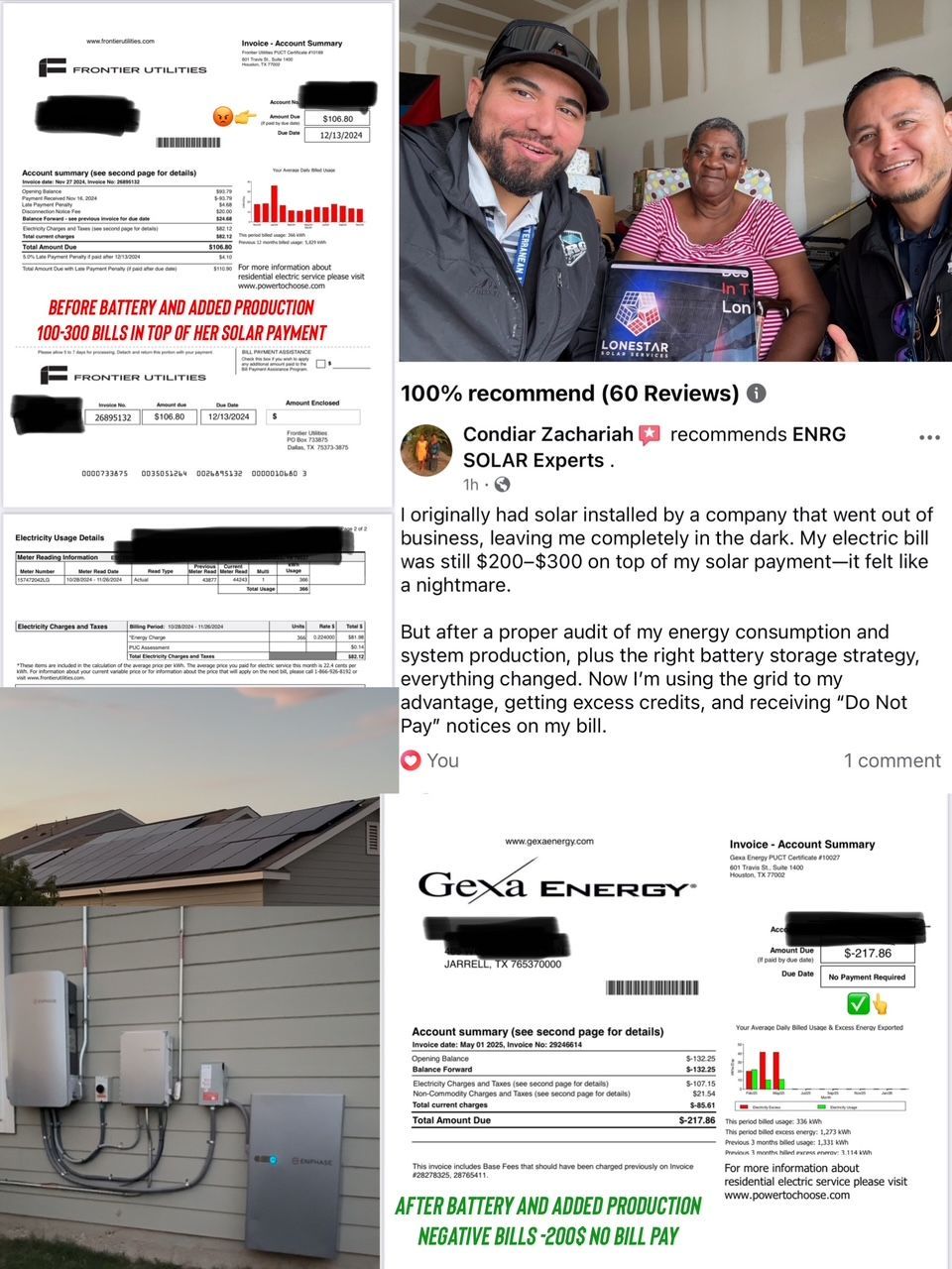 Collage of solar panel reviews and installer photos, including rooftop equipment and a smiling group selfie