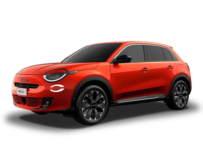 Un SUV compatto di un vivace colore arancione, dal design moderno, con vetri oscurati e cerchi in lega neri su sfondo bianco.