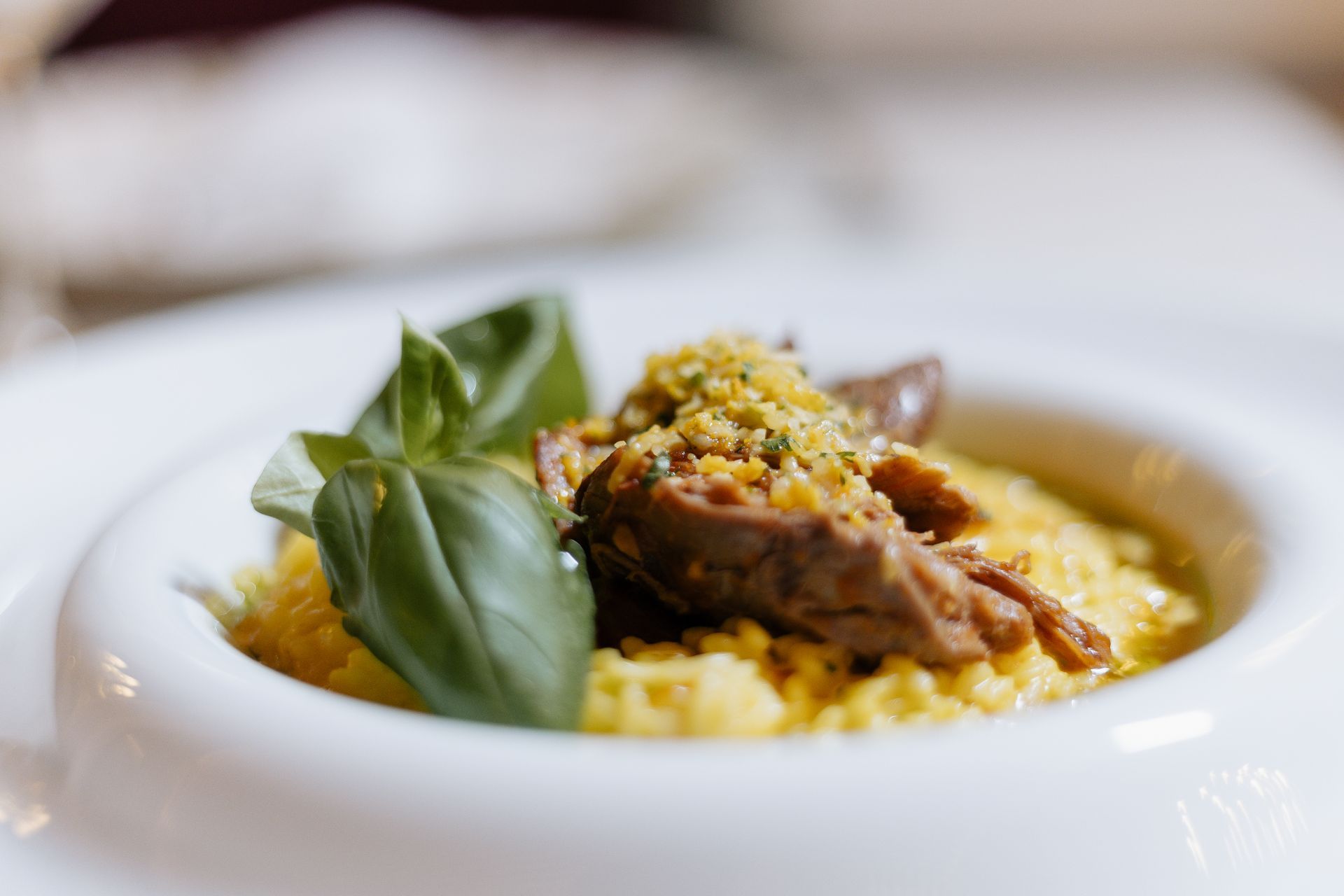 Risoto gourmet servido com carne e manjericão em um prato branco.