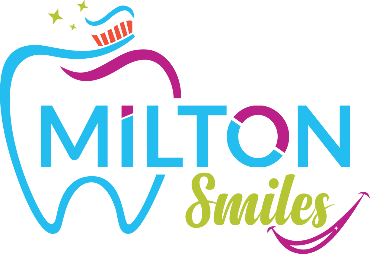 The logo for milton smiles shows a tooth with a toothbrush on it.