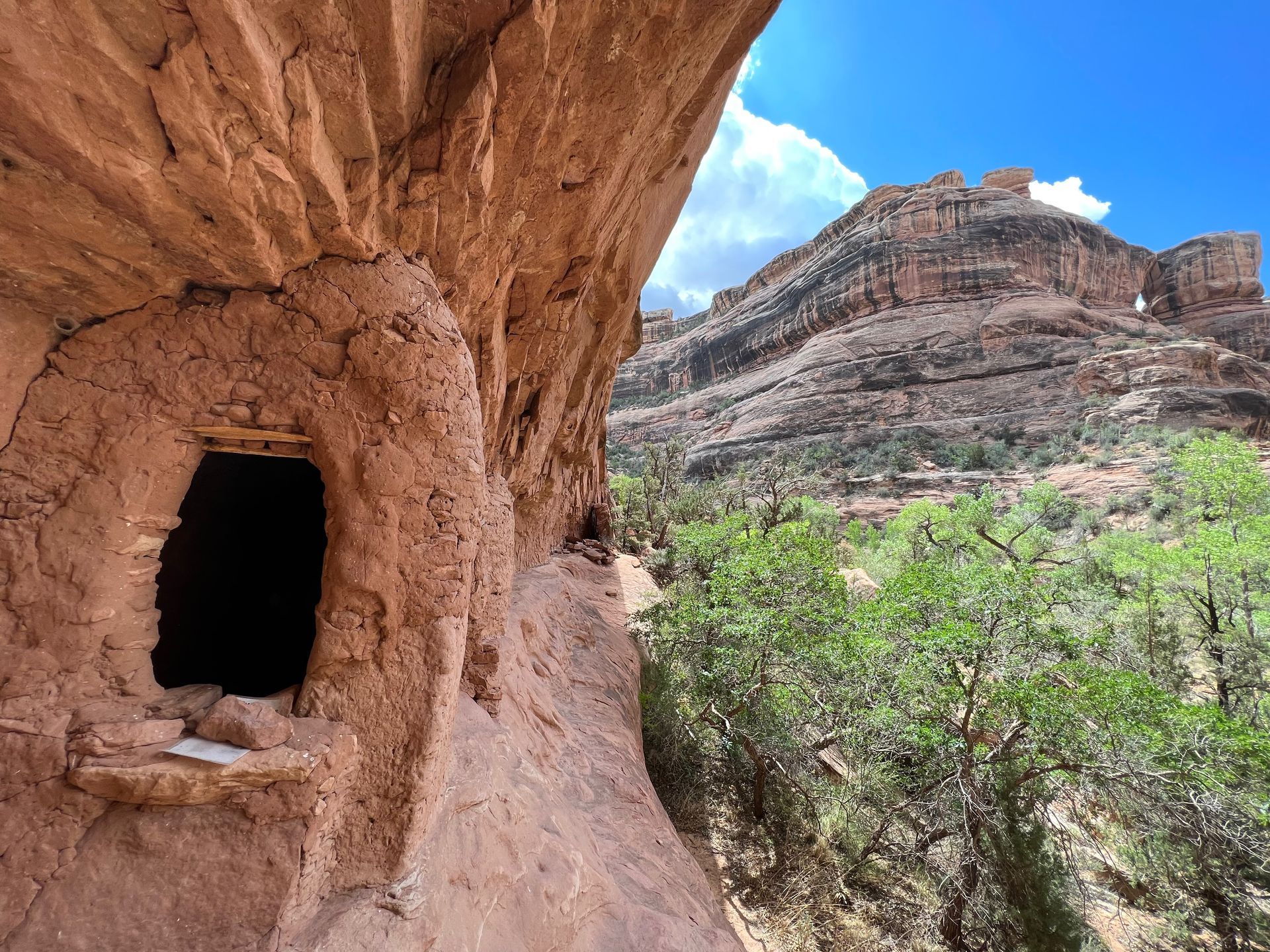 Ancient dwelling site made from red rocks in a forested canyon