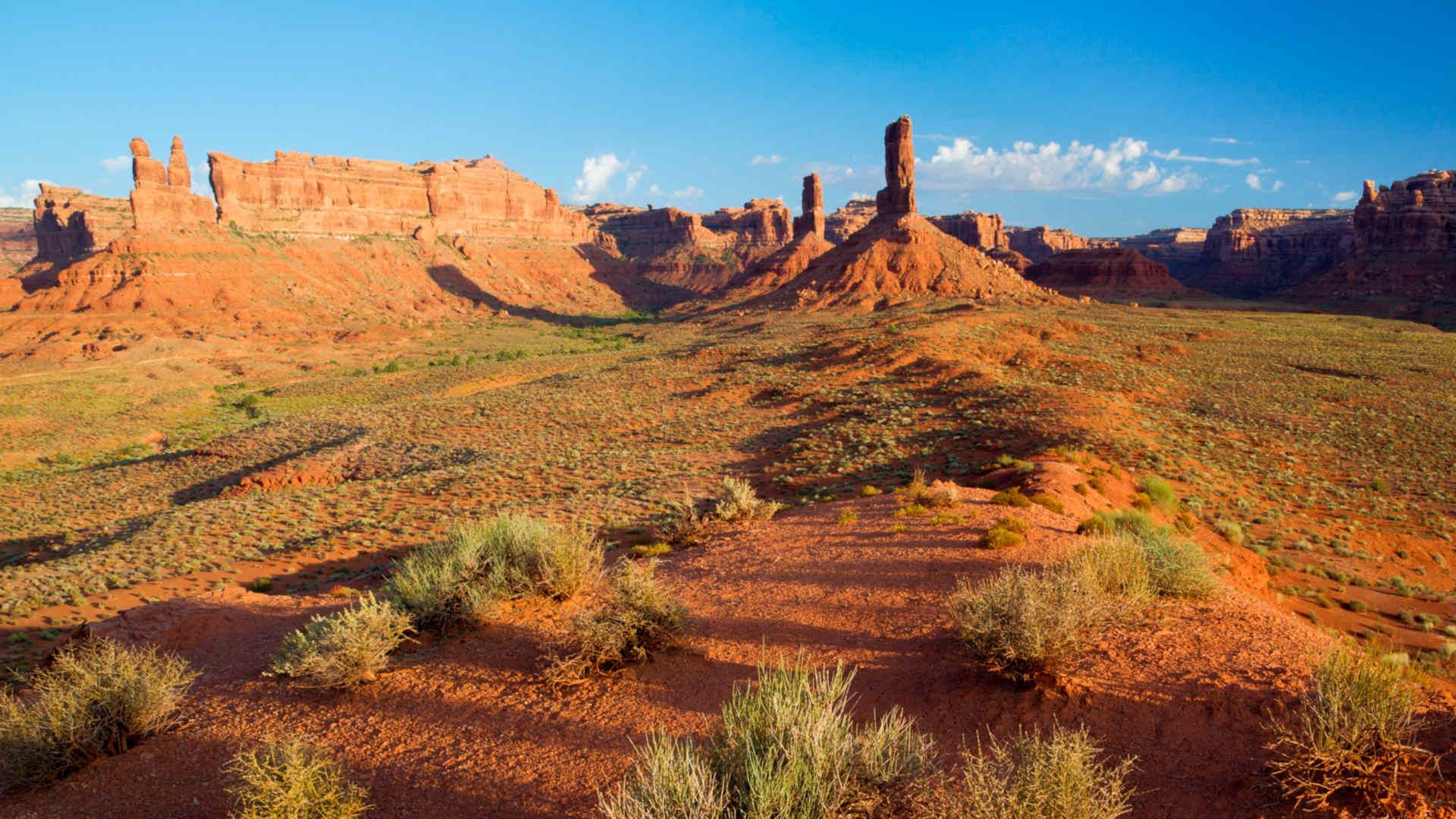 Landscape of Bears Ears with tall rock features, red dirt, green plants and blue sky