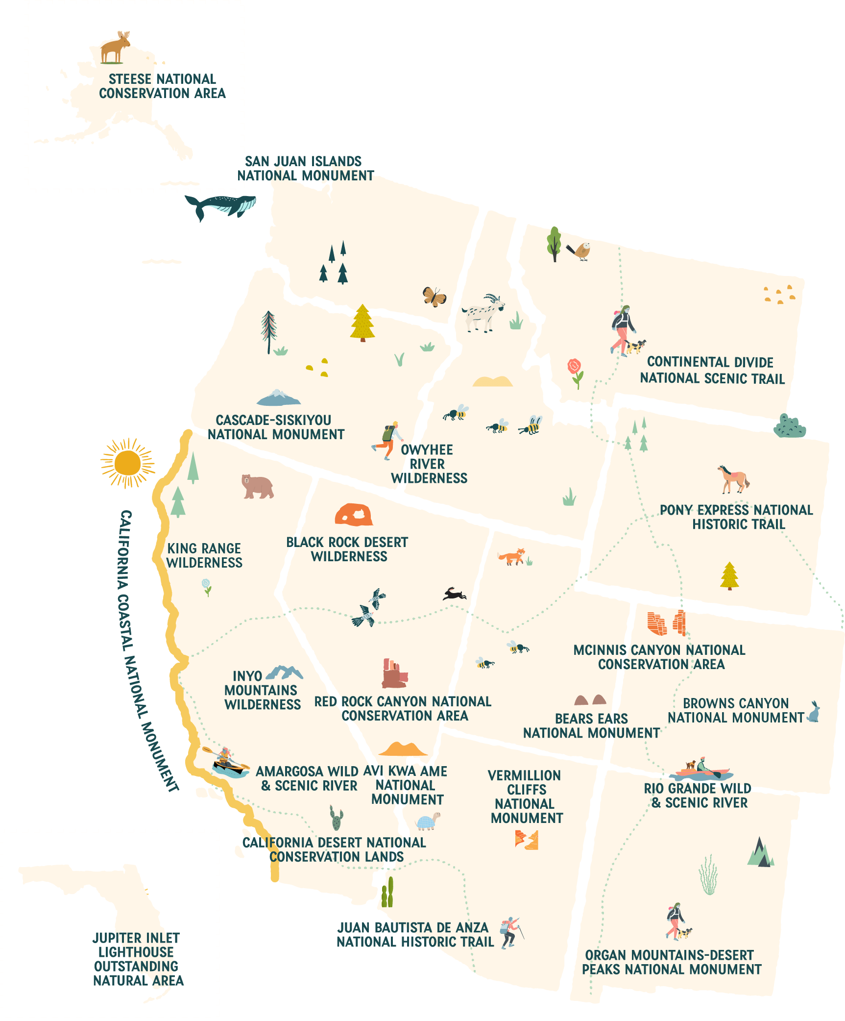 A map of the united states with various animals and trees