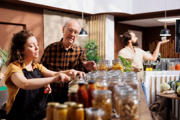 People serving food at a buffet counter with glass jars and warm hanging lights