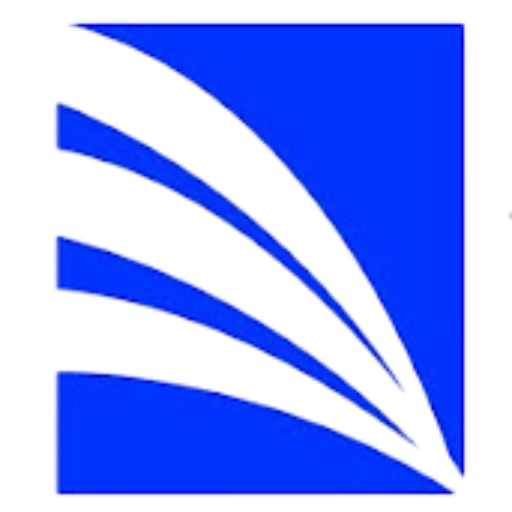 Blue square logo with three white curved swooshes converging at the lower right corner