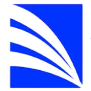 Blue square logo with three white curved swooshes sweeping upward from the lower right