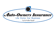 Auto-Owners Insurance logo with blue text and oval outline on a white background