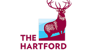 The Hartford logo with a magenta stag and bold text on white background