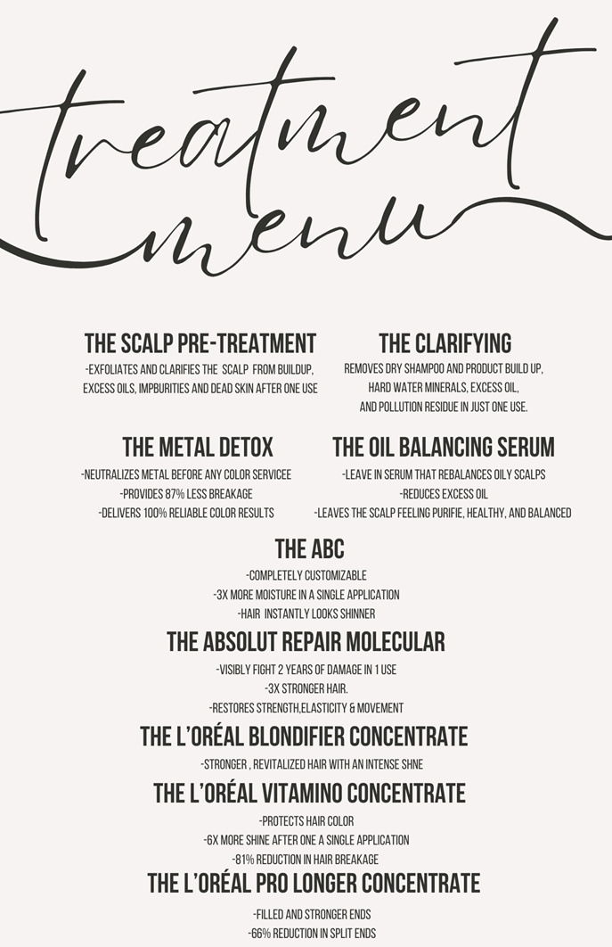 A treatment menu for a beauty salon with a list of products.