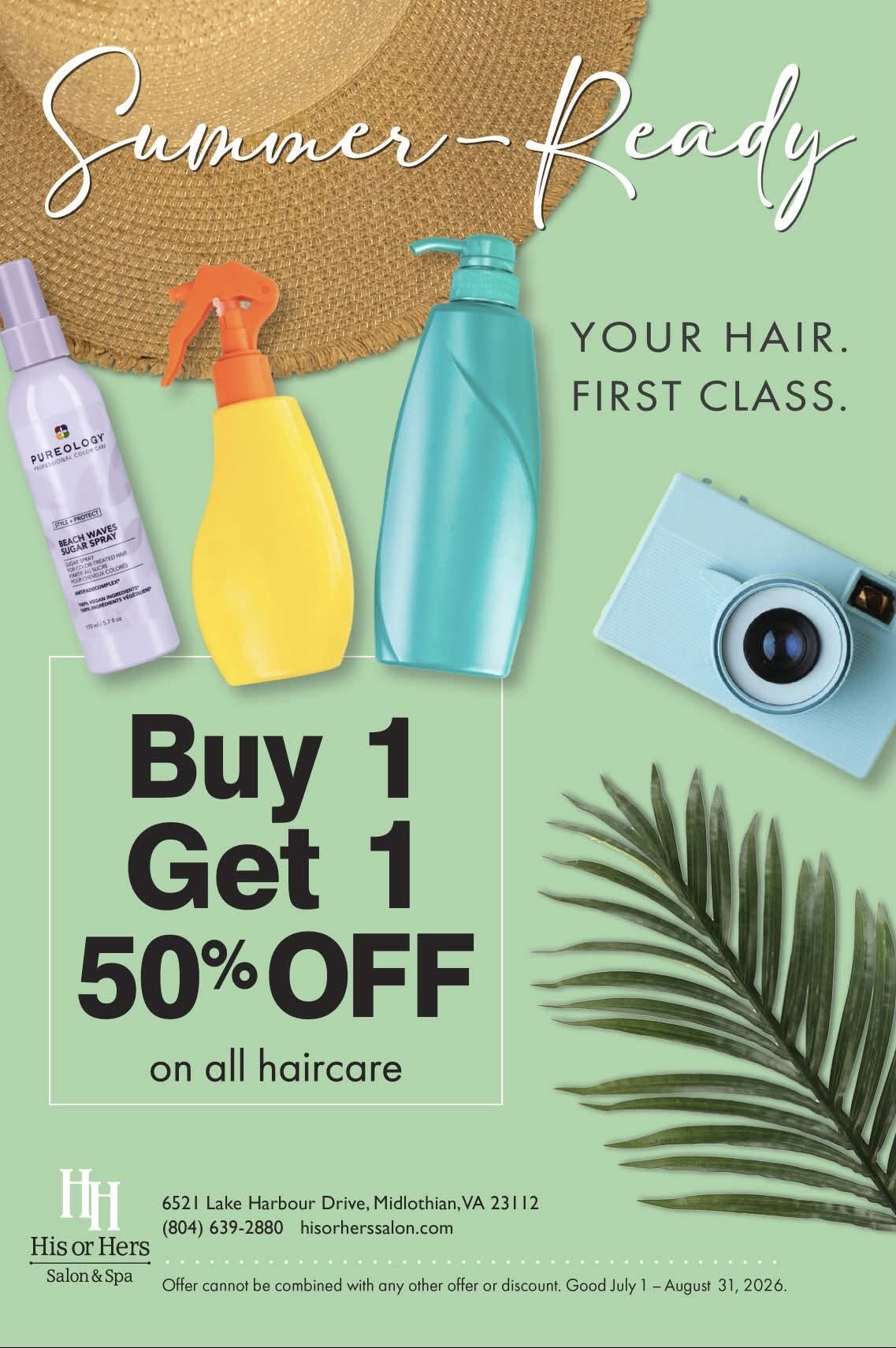 Summer-ready haircare sale with shampoo, spray, camera, and text: Buy 1 Get 1 50% OFF