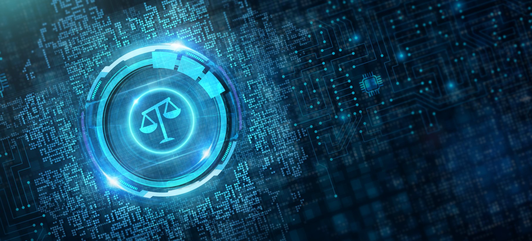 Ícone azul da balança da justiça digital sobre um fundo futurista de placa de circuito.