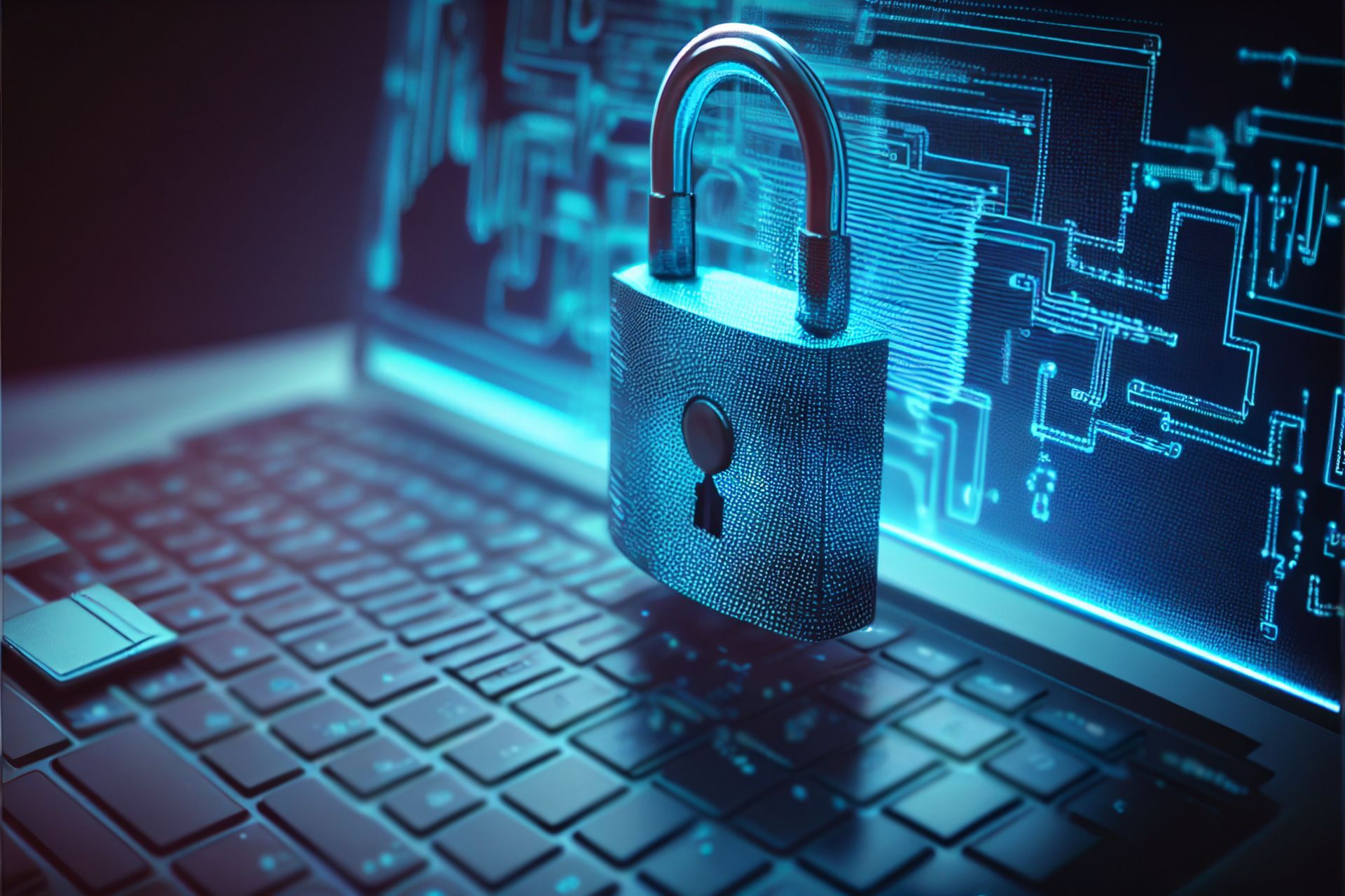 Cadeado azul no teclado de um laptop com código de segurança cibernética iluminado na tela.