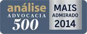 Logos “análise advocacia 500” e “MAIS ADMIRADO 2014” em azul e dourado