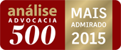 Logo “análise da advocacia 500” com selo “MAIS ADMIRADO 2015” em vermelho e dourado
