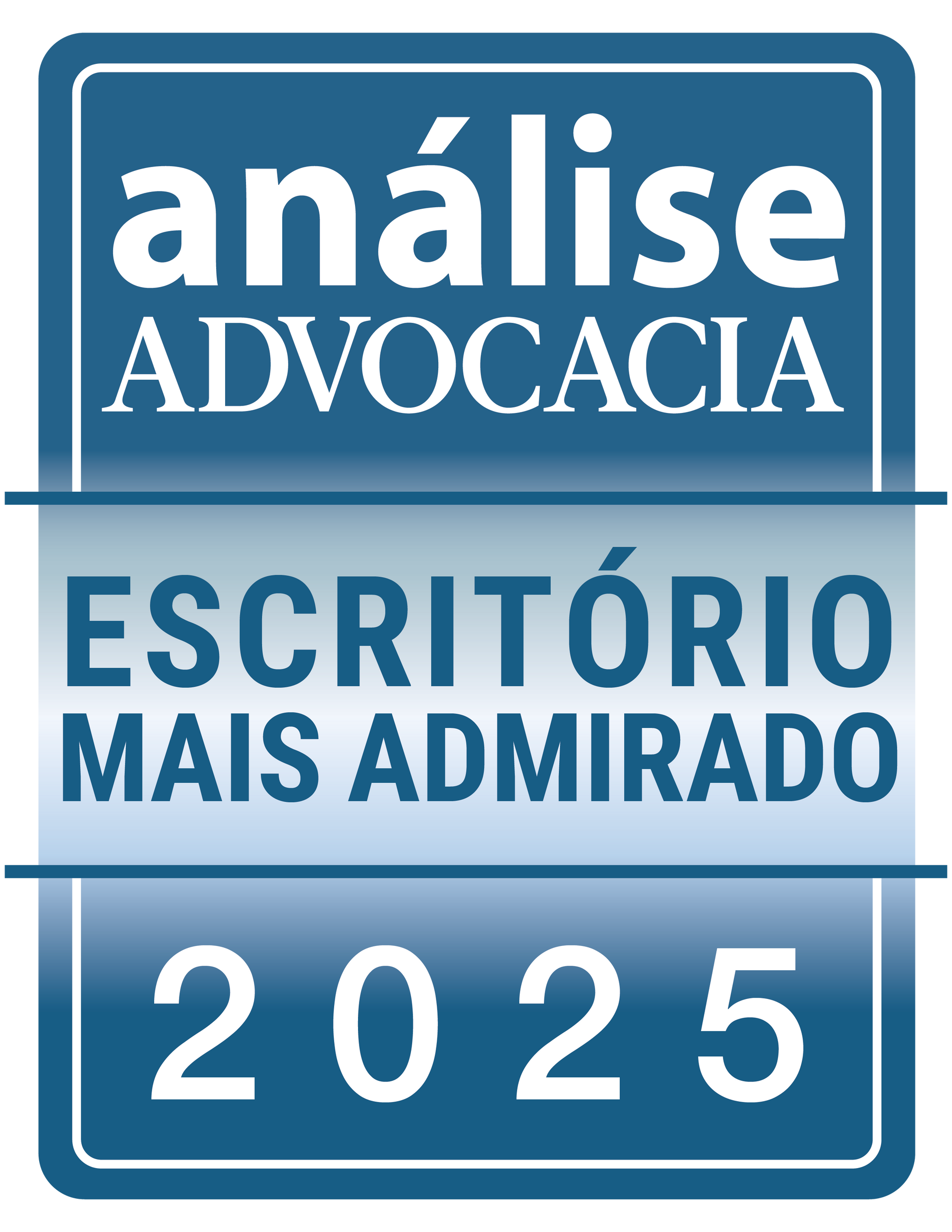 Logo azul e branco “análise Advocacia”, com selo “Escritório Mais Admirado 2025”.