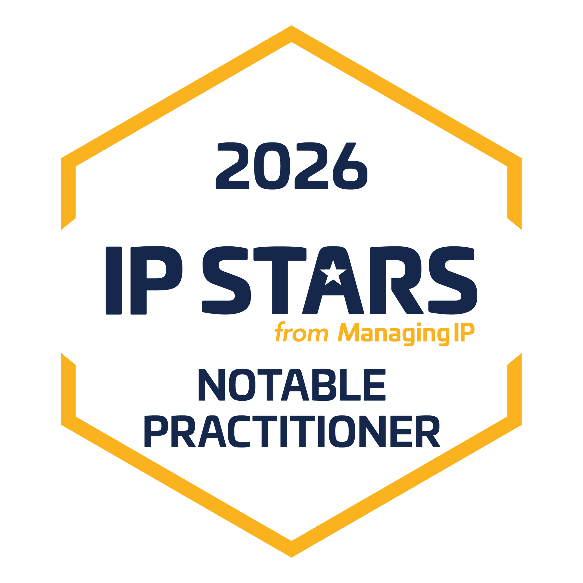 Distintivo de Profissional de Destaque do IP Stars 2026 em hexágono azul-marinho e dourado