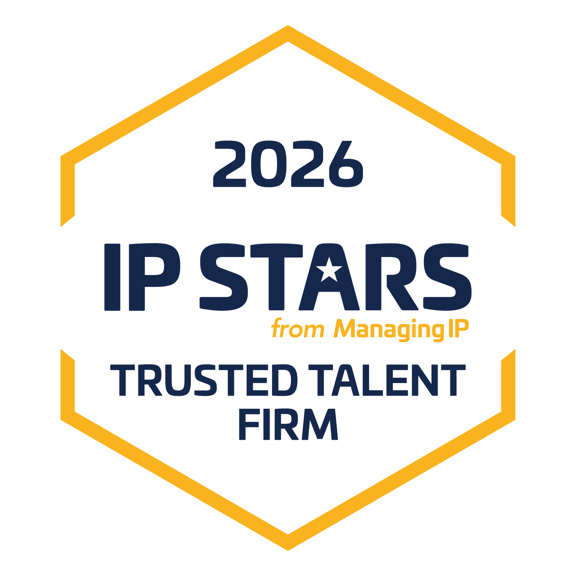 Selo de escritório de talentos confiável do IP STARS 2026, em hexágono azul-marinho e dourado