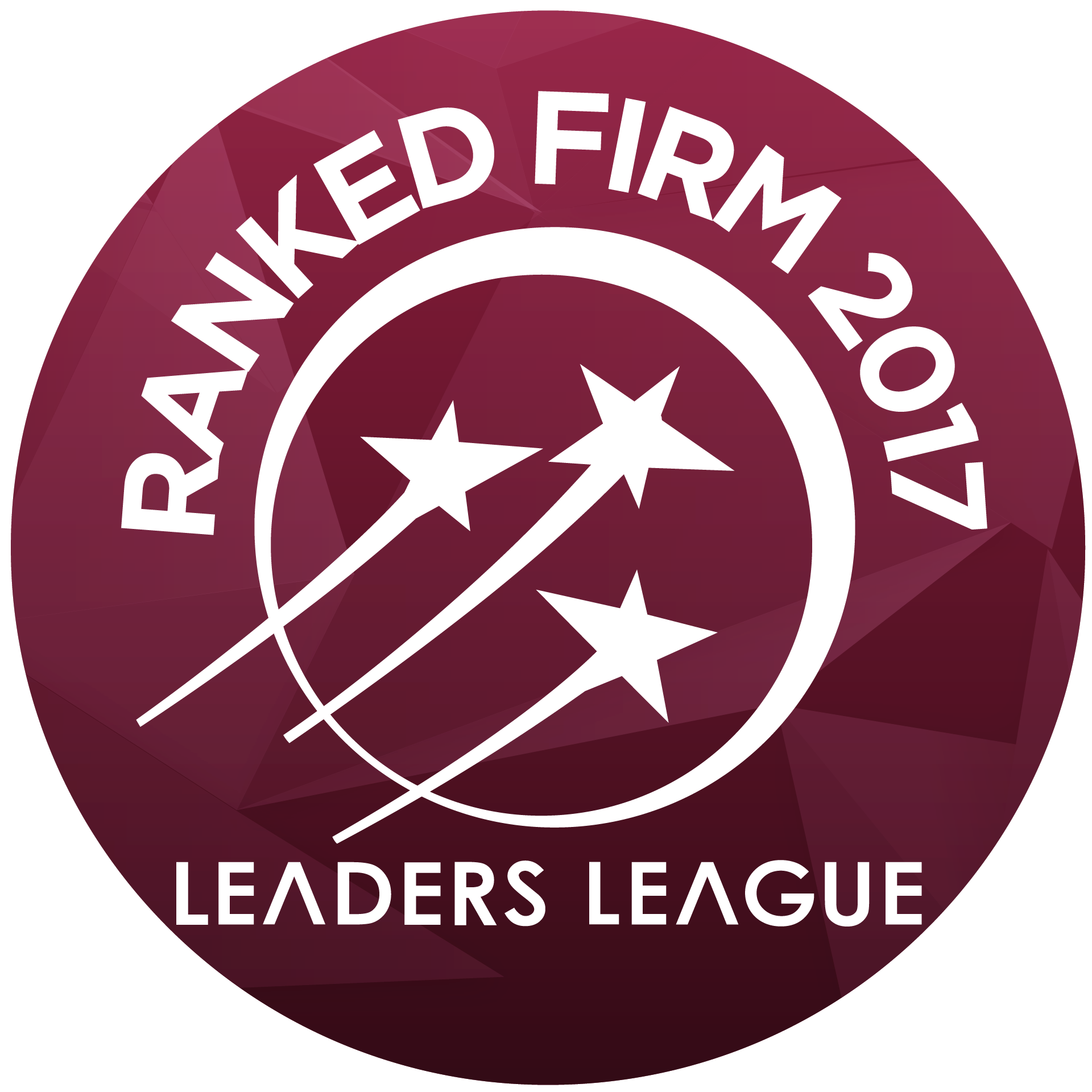 Distintivo circular marrom-avermelhado da Leaders League de 2017 da empresa classificada, com estrelas brancas