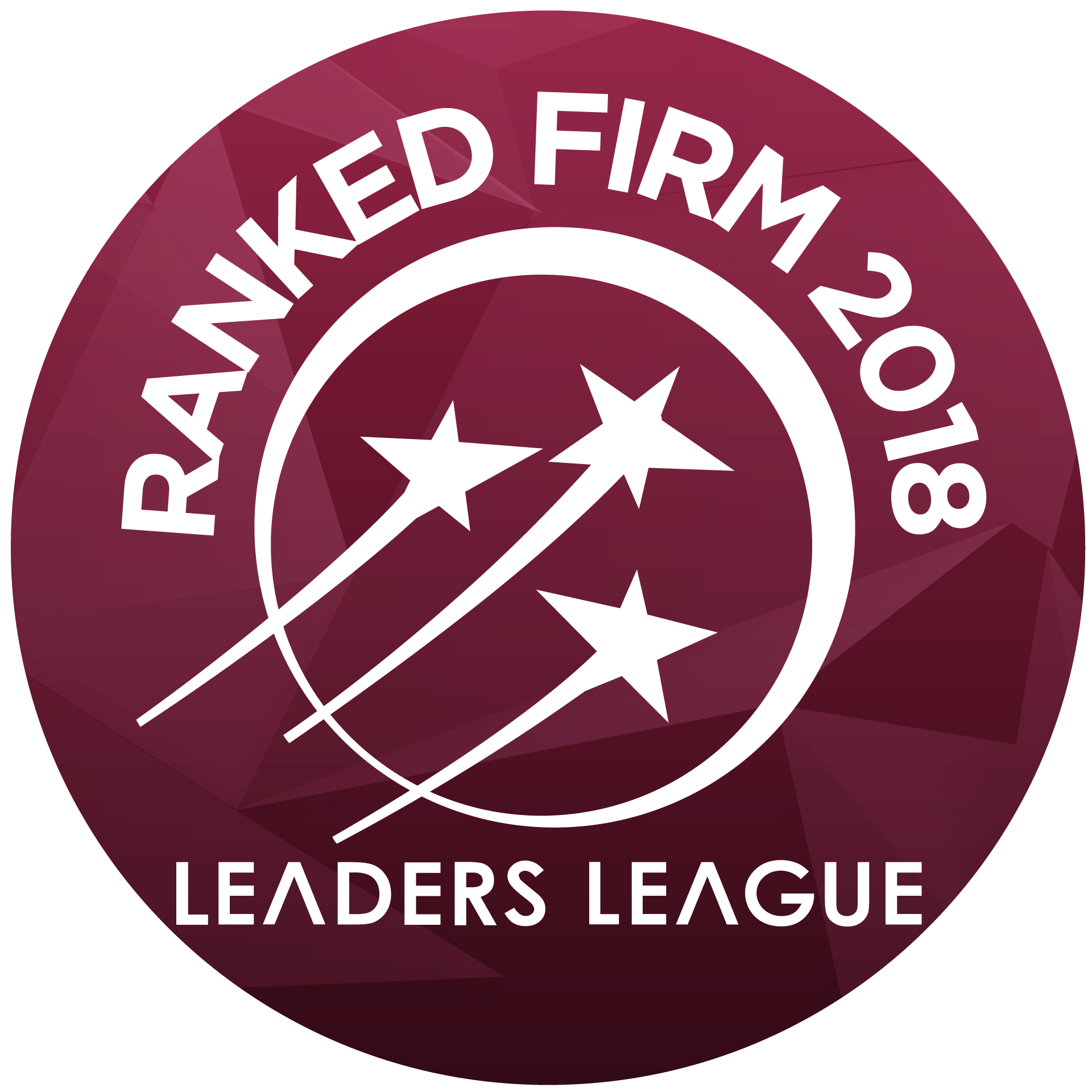 Logotipo circular marrom da Leaders League de 2018 das empresas classificadas, com estrelas brancas e texto.