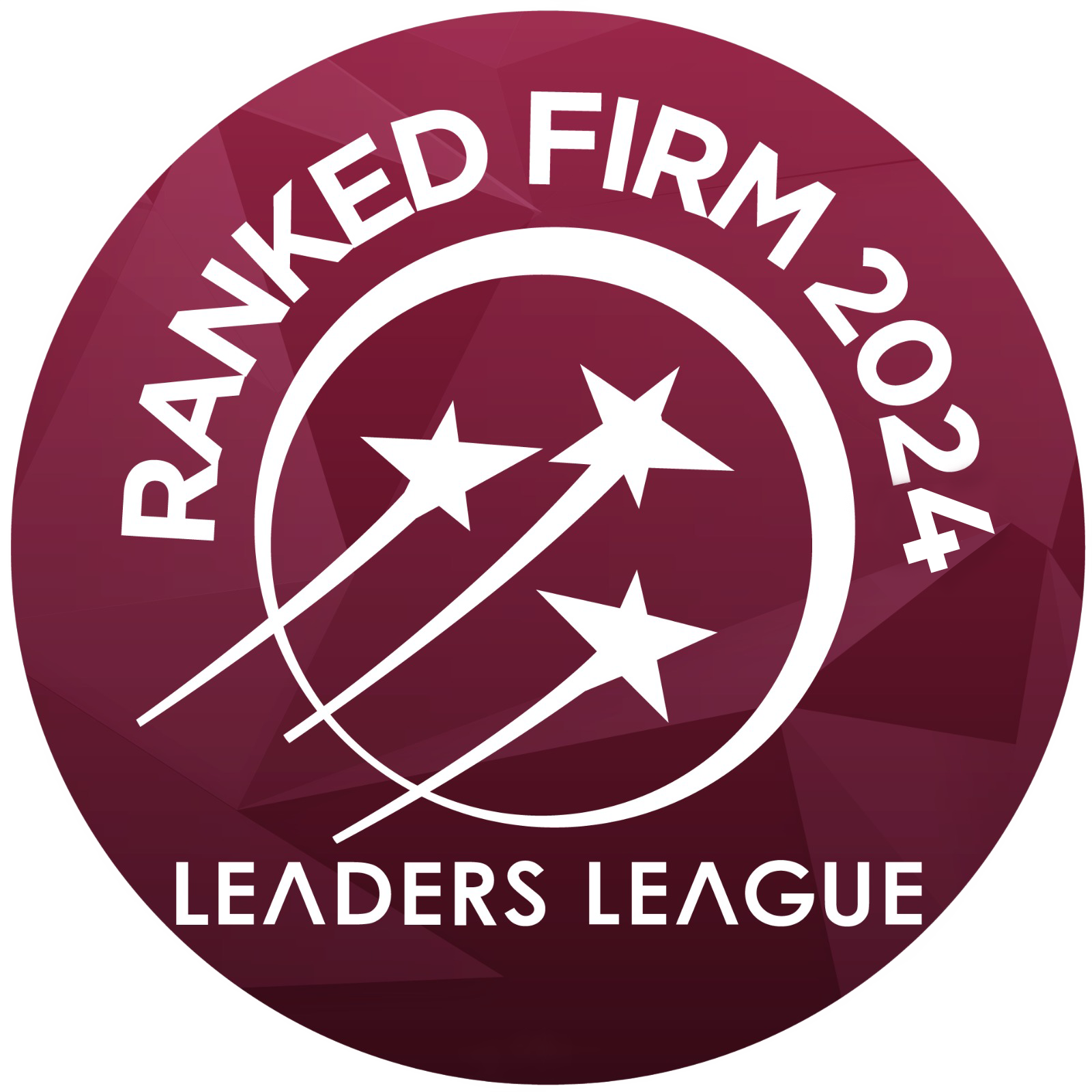 Distintivo circular marrom-avermelhado da Leaders League de 2017 da empresa classificada, com estrelas brancas
