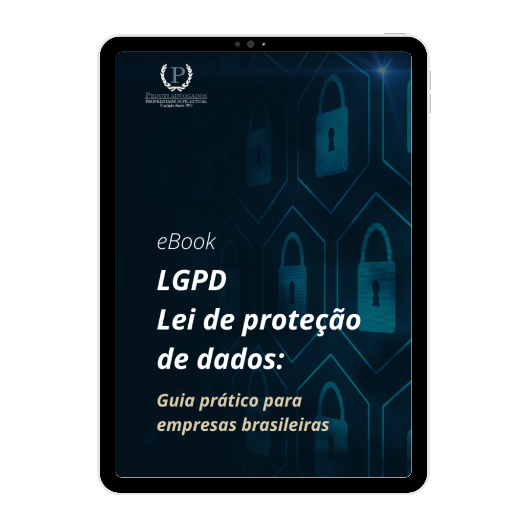 Capa de eBook azul escura sobre LGPD e proteção de dados para empresas brasileiras, com ícones de cadeado.