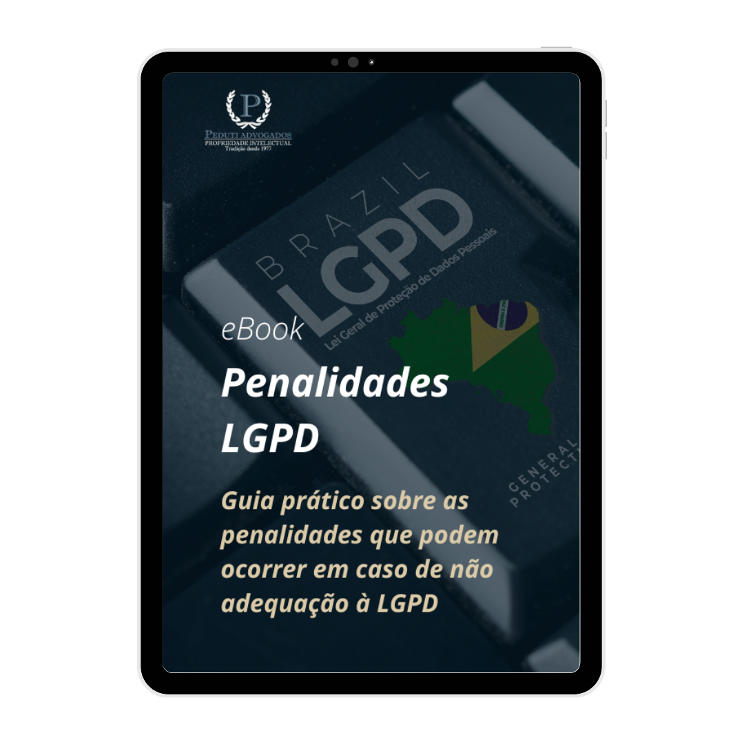 Capa de e-book sobre Penalidades LGPD, em fundo escuro com tablet exibindo texto em português.