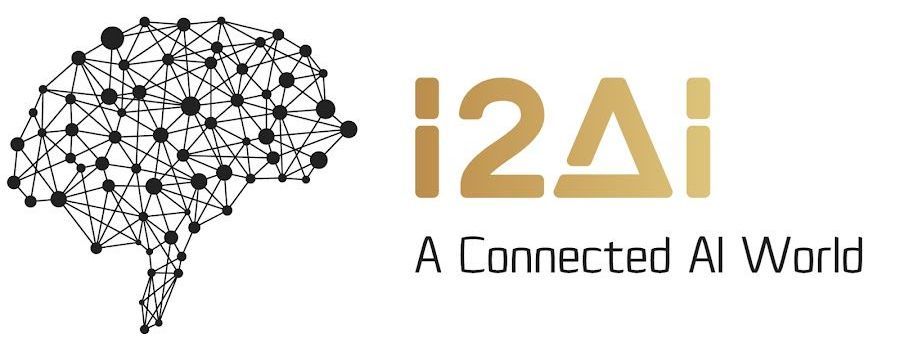 Logotipo da i2Ai com um ícone de cérebro em rede conectada e o slogan 