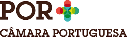 Logo of POR Câmara Portuguesa in brown and multicolored circular flower icon