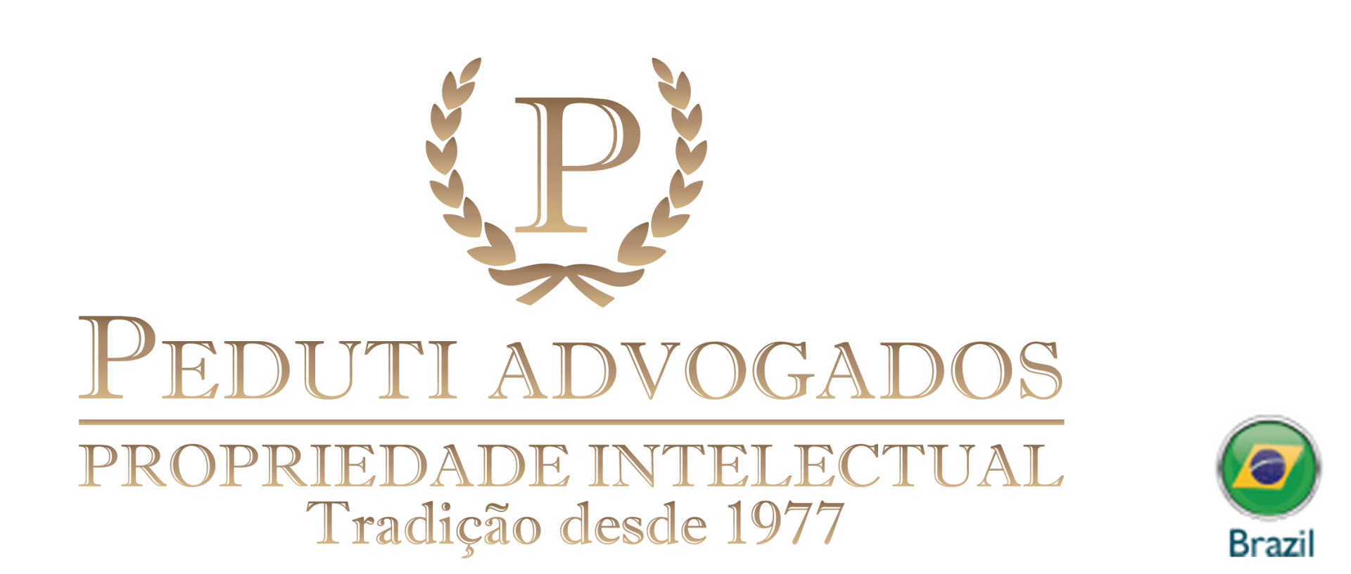 Peduti Advogados logo with laurel wreath and gold text, “Propriedade Intelectual,” on white background