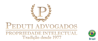 Peduti Advogados logo with laurel wreath and gold text, “Propriedade Intelectual,” on white background