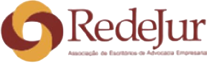 Logotipo da Redejur em tons de bordô e dourado com o texto “Redejur” e um subtítulo menor abaixo.
