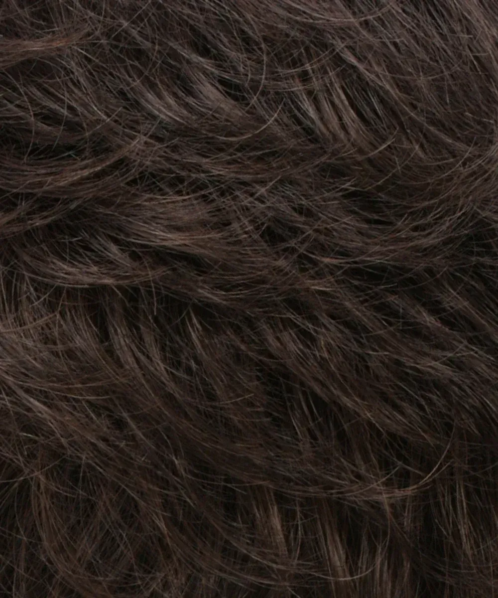 Dark brown, wavy hair texture.