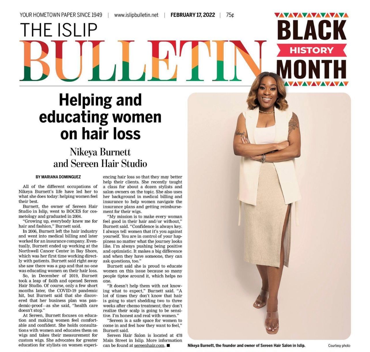 Newspaper front page: Black History Month, featuring Niloya Barnett of Sorten Hair Studio, educating women on hair loss.