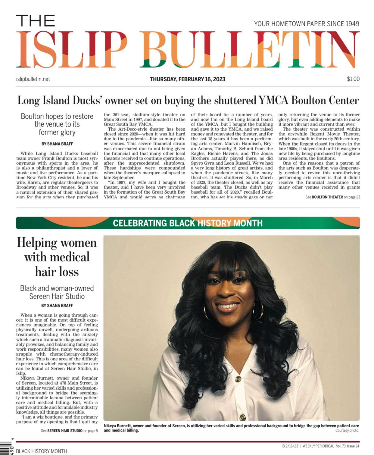 Newspaper front page: Islip Bulletin. Headlines about Ducks owner, Black History Month, and women's hair loss.