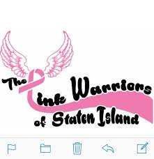 A logo for the pink warriors of state island with a pink ribbon and wings.