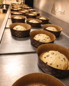 Vetrina con pasticceria assortita, tra cui torte, crostate e muffin, in un ambiente da panetteria.