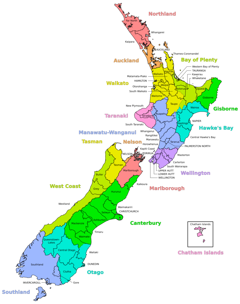 Color-coded map of New Zealand’s regions and islands with region names labeled.