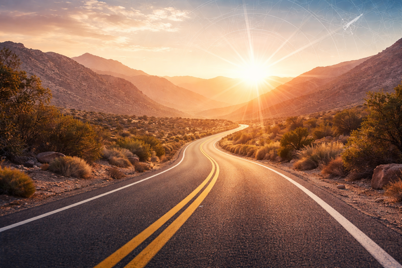 Sunset over a winding mountain road with double yellow lines and rocky hillsides