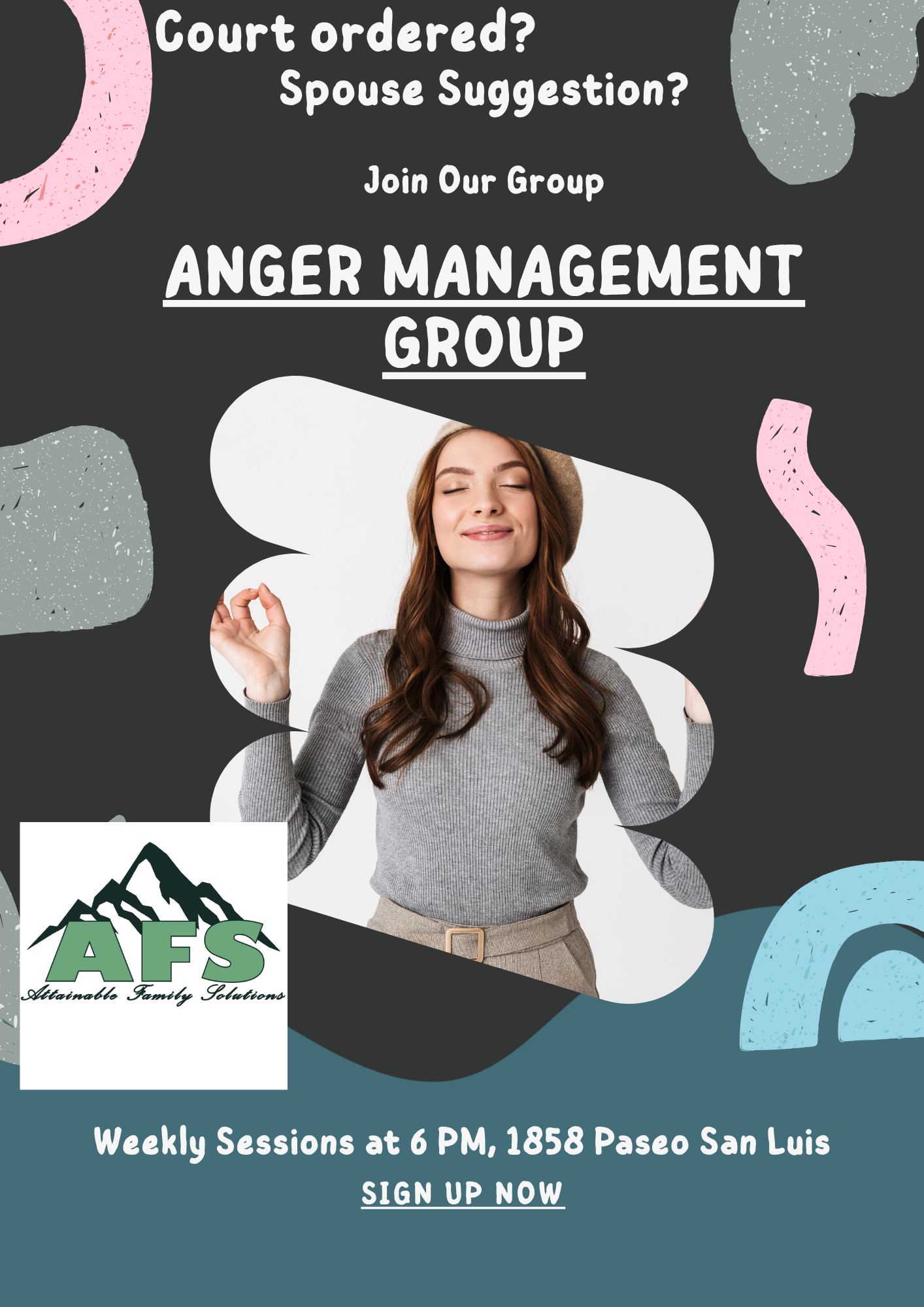 Anger Management Group flyer with smiling woman, black background, pastel accents, and AFS logo.