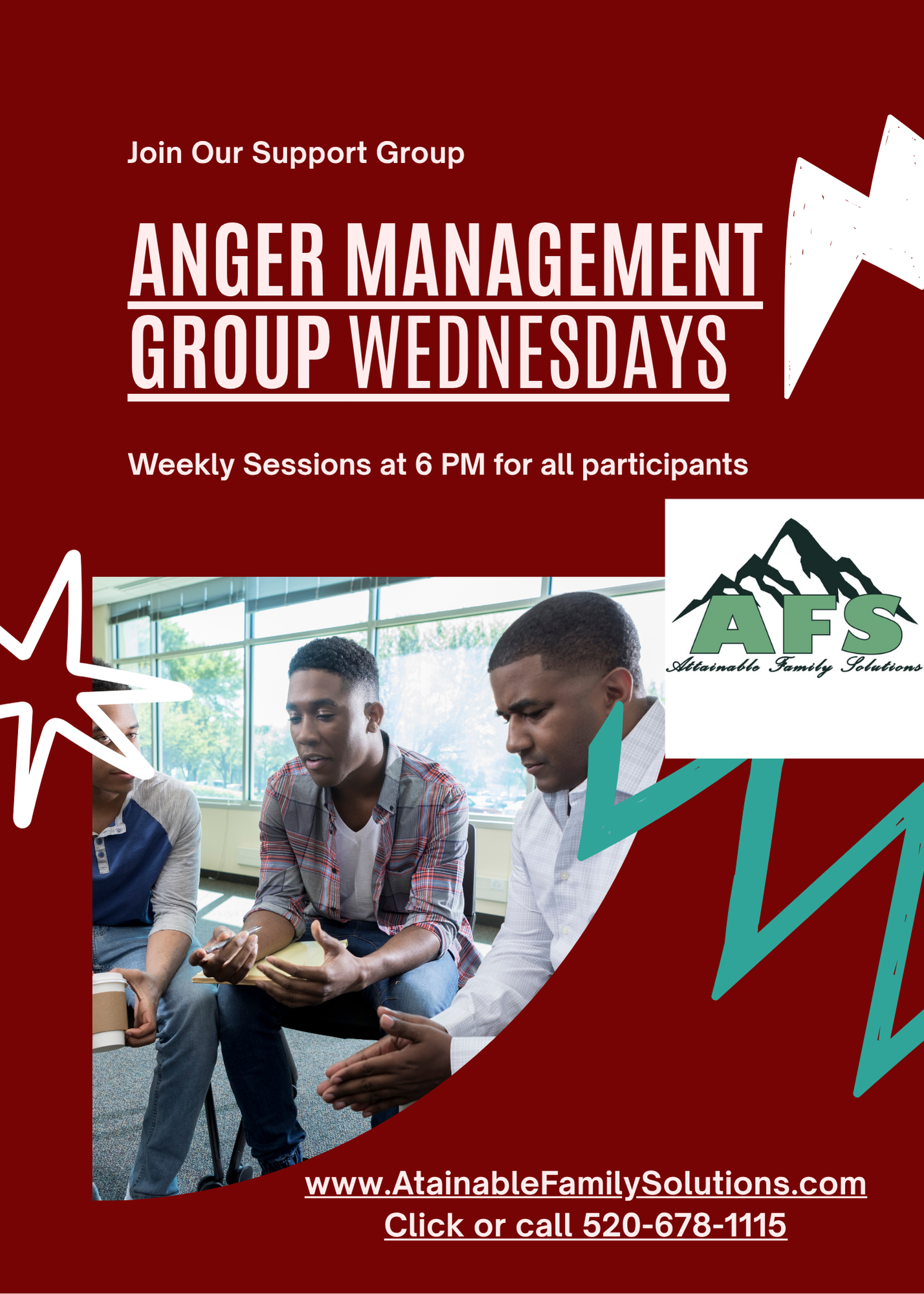 Flyer for anger management group Wednesdays with a circular photo of people in a counseling session.