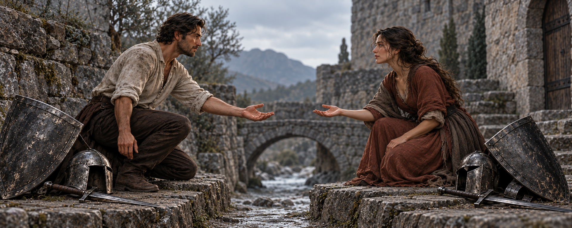 A man and woman set aside shields and swords, extending open hands toward each other to symbolize vu